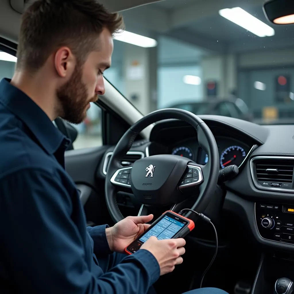 Un mécanicien utilisant un outil de diagnostic sur une Peugeot