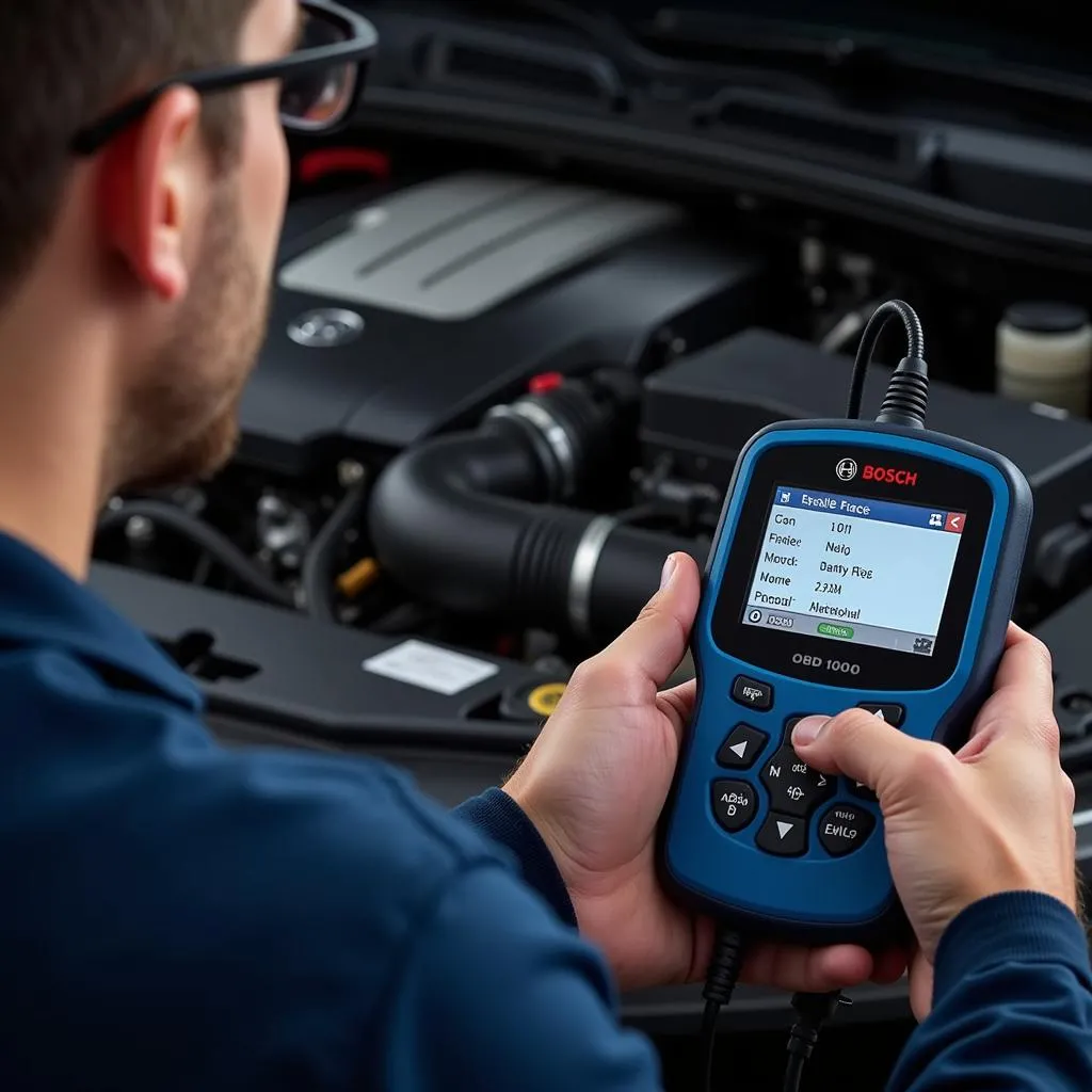 Mécanicien inspectant le moteur d'une voiture avec un lecteur OBD1000