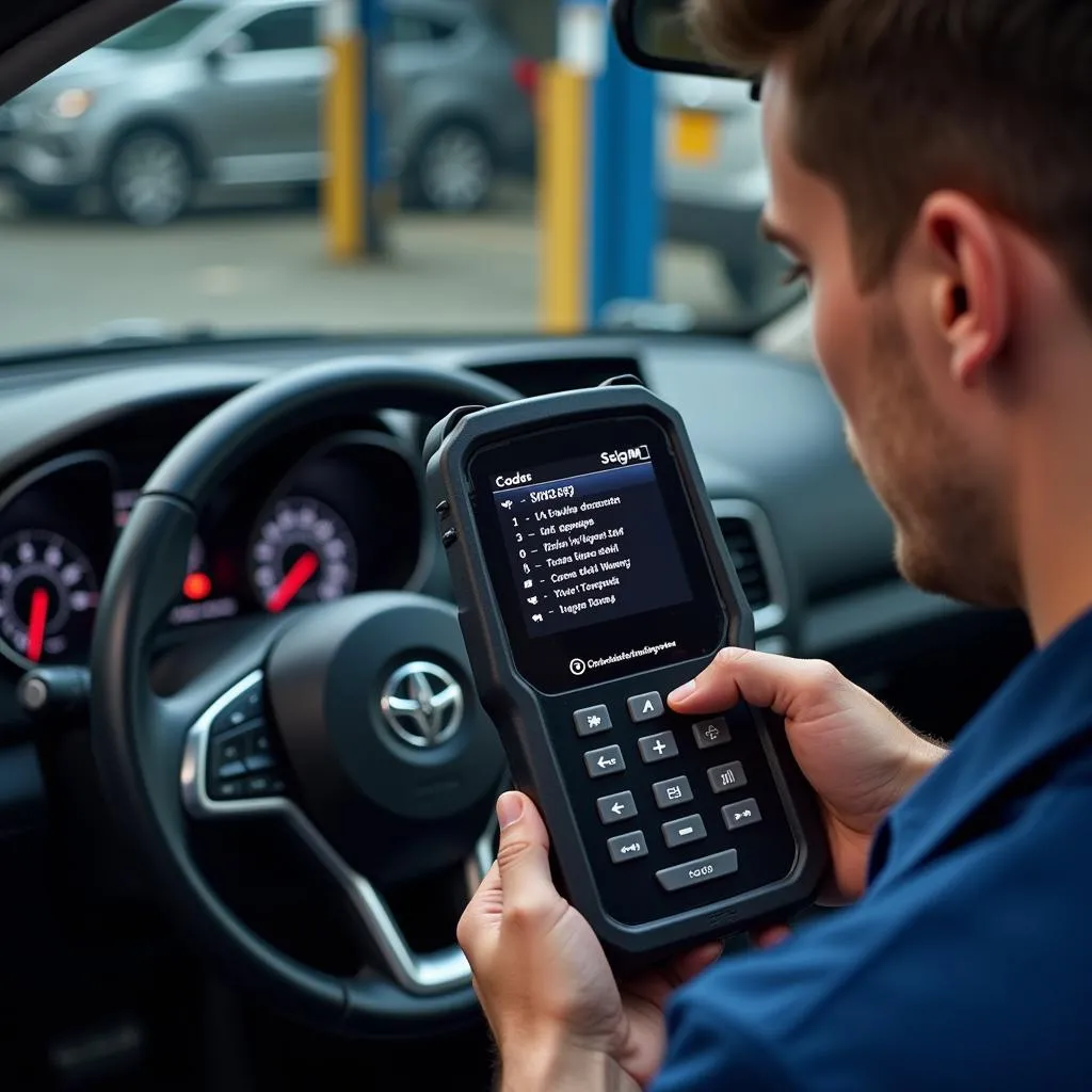 Mécanicien lisant les codes défauts sur une valise OBD