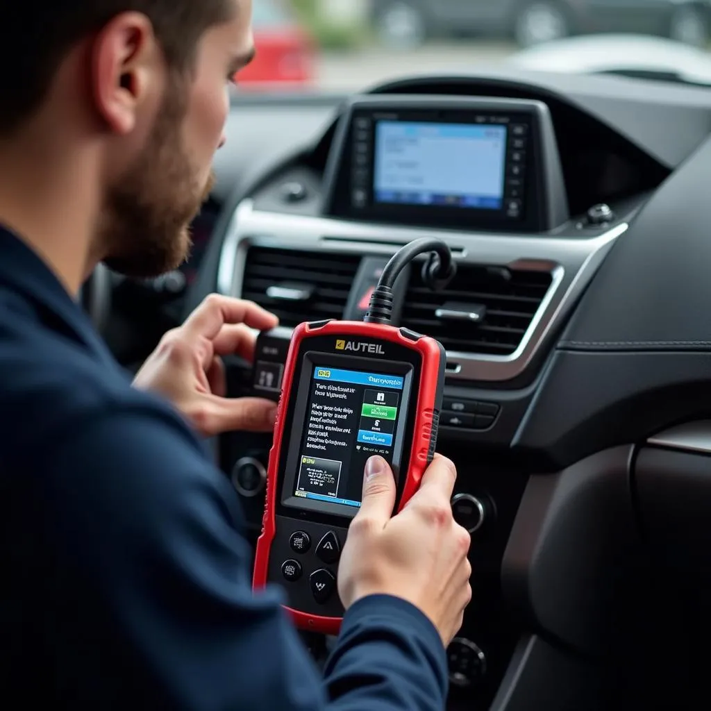 Mécanicien utilisant un outil de diagnostic Autel sur une voiture