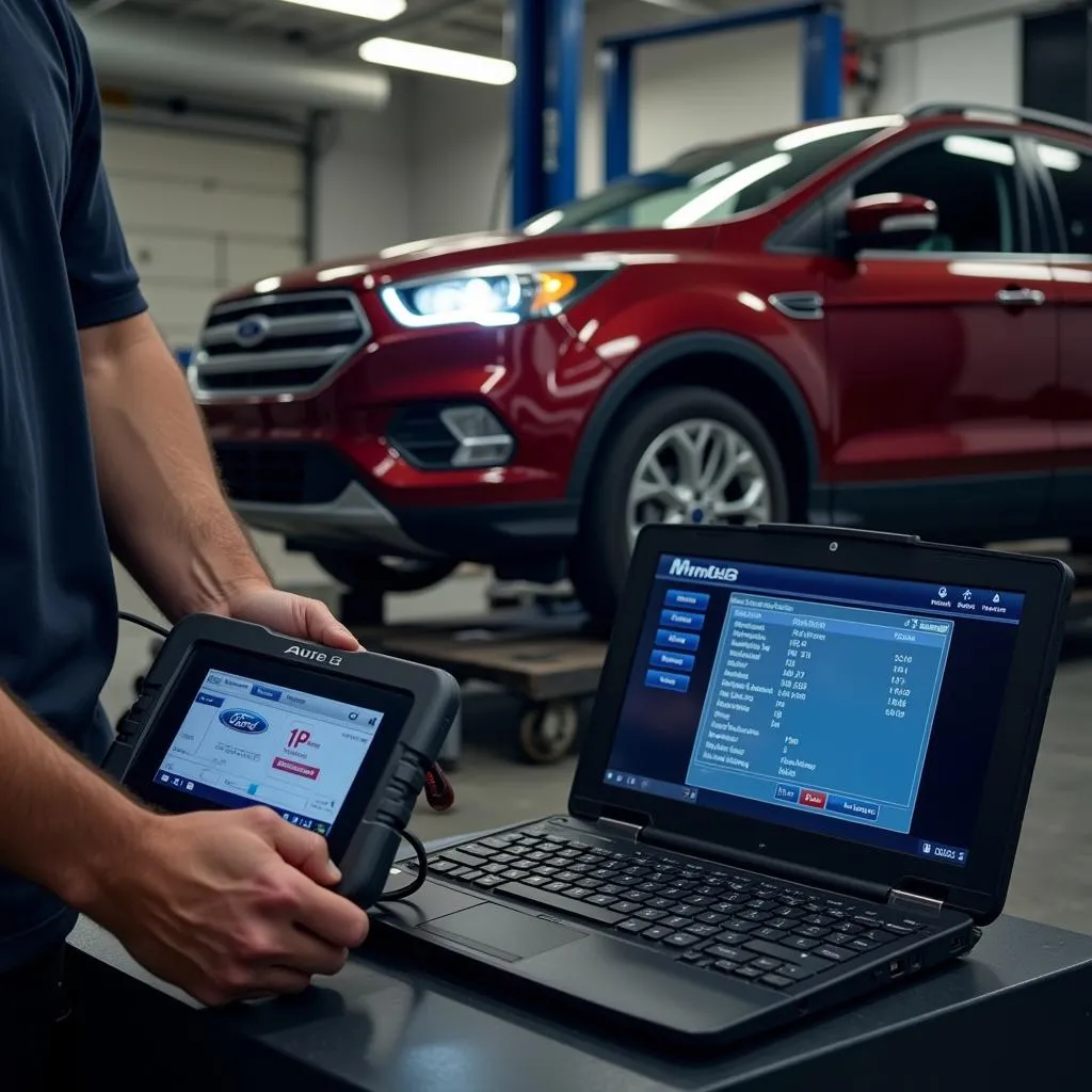 Mécanicien utilisant un outil de diagnostic Autel sur une Ford