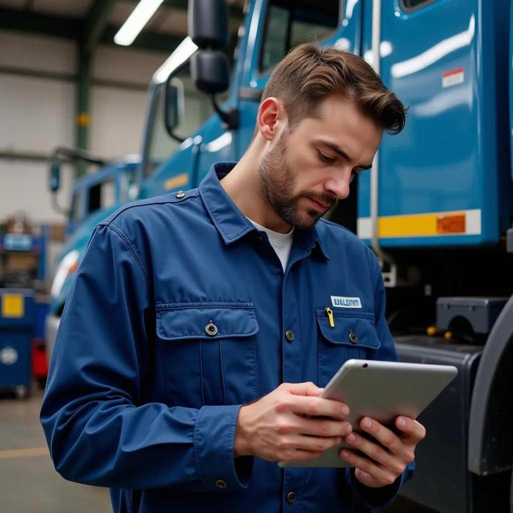 Mécanicien poids lourds utilisant une tablette pour diagnostiquer un camion