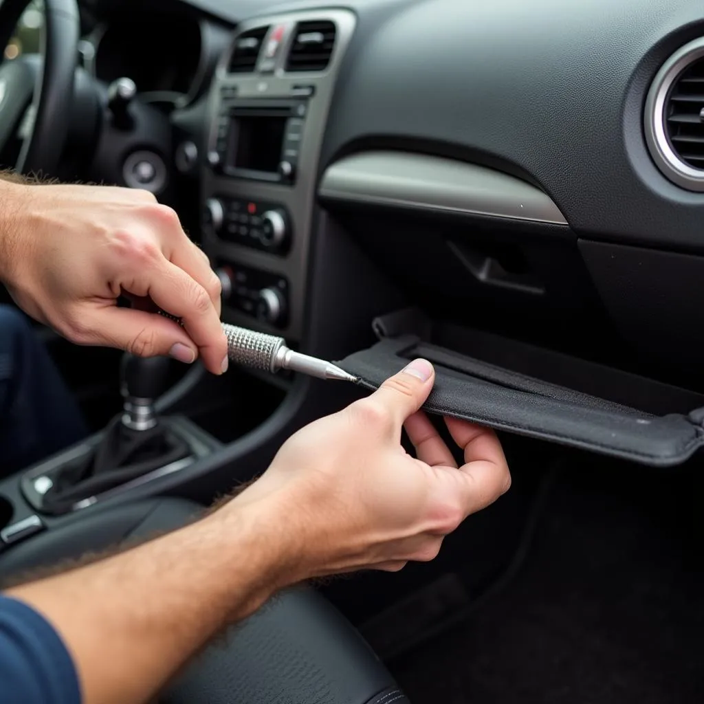 Mécanicien remplaçant un clip de garniture de voiture