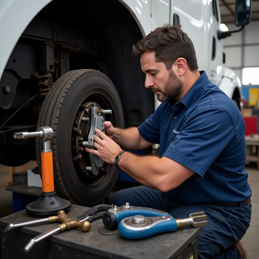 Mécanicien réparant le frein de stationnement d'un camion Freightliner