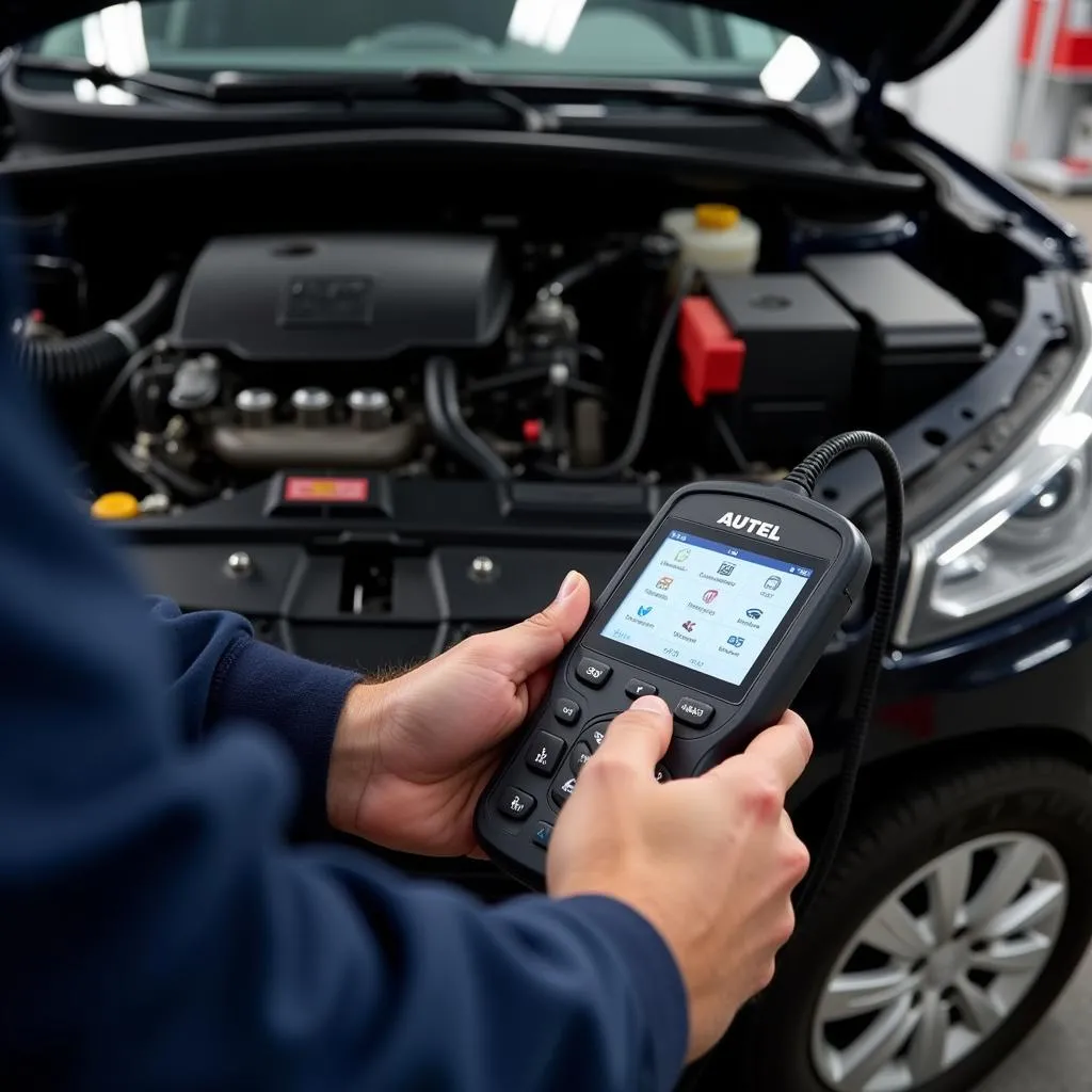 Mécanicien réparant une voiture à l'aide d'un appareil de diagnostic Autel