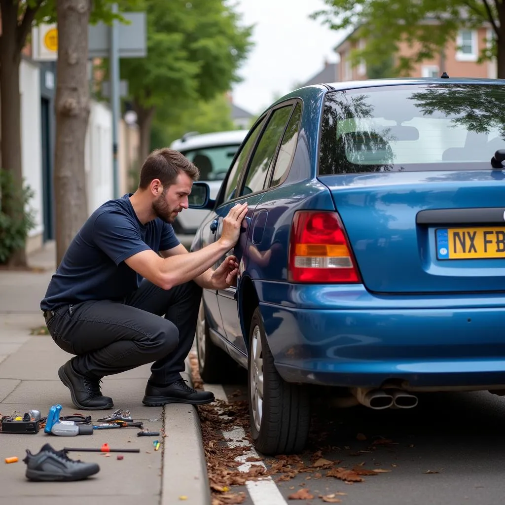 Réparation de voiture dans la rue