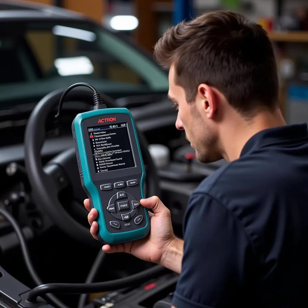 Un mécanicien utilise l'Actron Elite Autoscanner pour diagnostiquer un problème sur une voiture