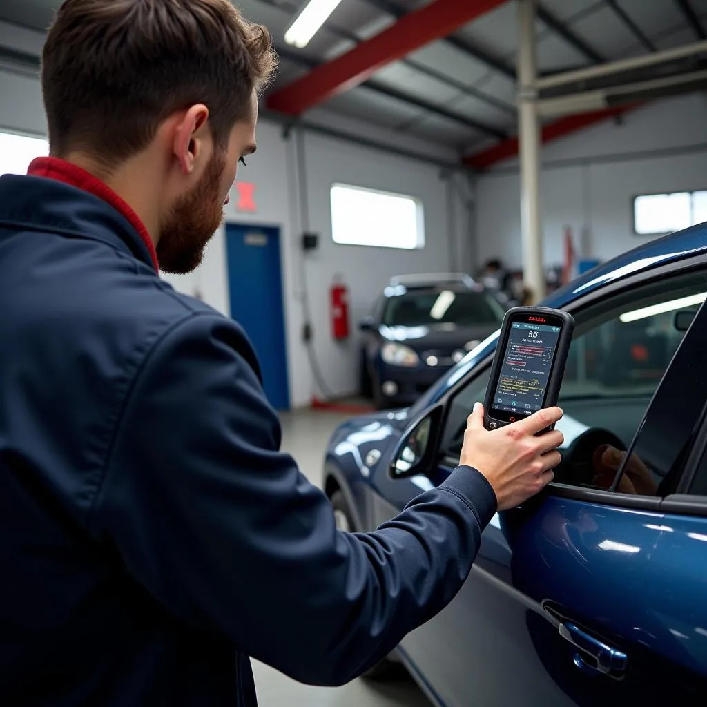 Mécanicien utilisant l'Apb112 Autel pour diagnostiquer une voiture