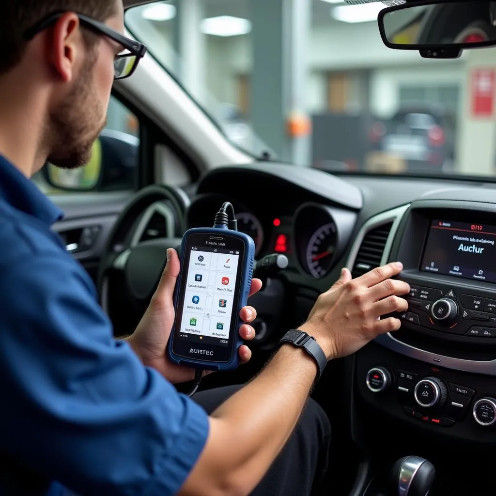 Mécanicien utilisant un appareil de diagnostic Autel sur une voiture