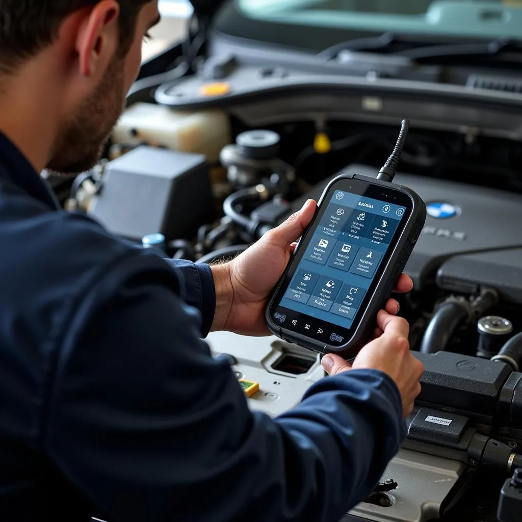 Mécanicien utilisant Autel MaxiSys pour diagnostiquer une voiture