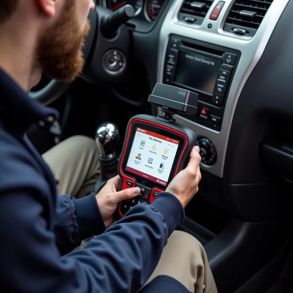 Mécanicien utilisant Autel MaxiSys pour diagnostiquer une voiture