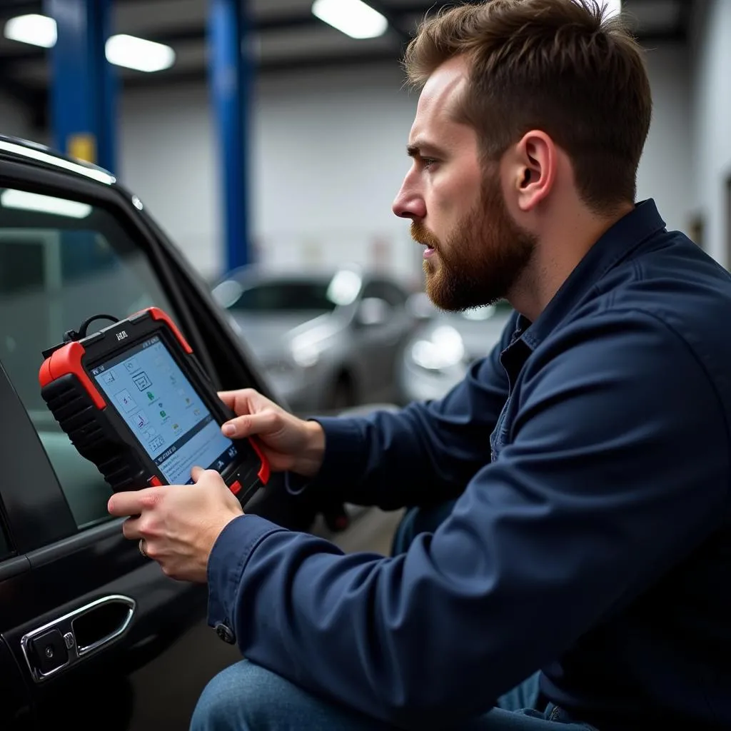 Mécanicien utilisant l'Autel MP808TS dans un garage