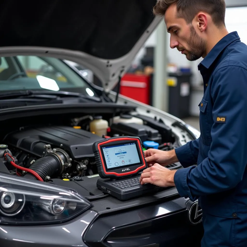 Mécanicien utilisant un outil Autel pour diagnostiquer un moteur