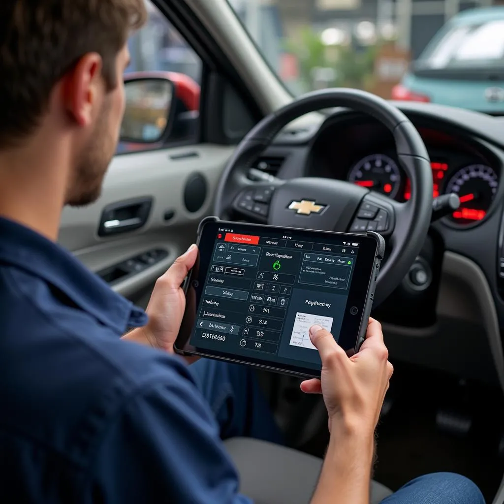 Mécanicien utilisant un logiciel OBD sur tablette pour diagnostiquer une Chevrolet Kalos