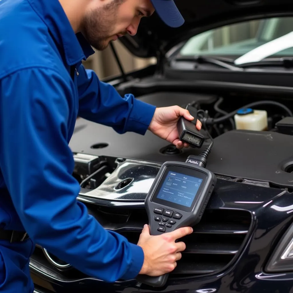 Un mécanicien utilisant l'outil de diagnostic Autel sur une voiture