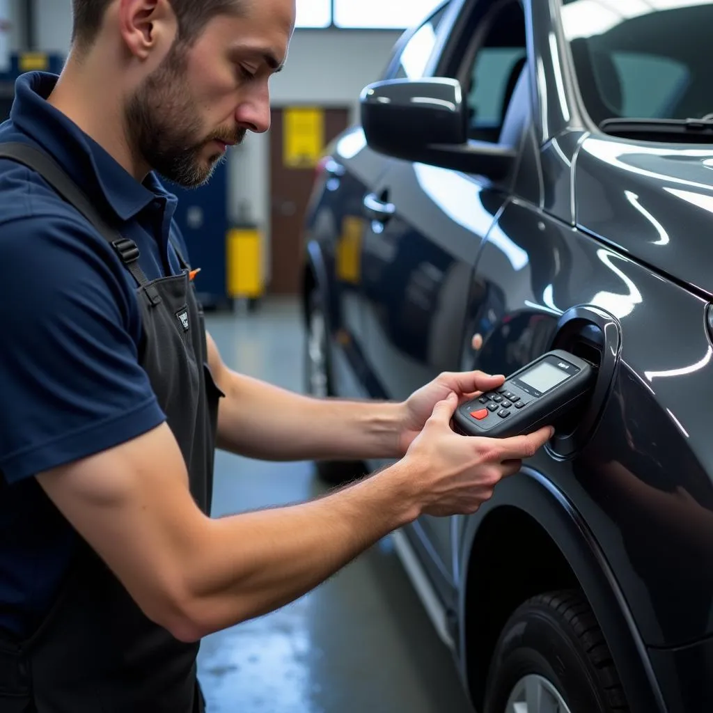 Mécanicien utilisant un outil de diagnostic Autel sur une voiture