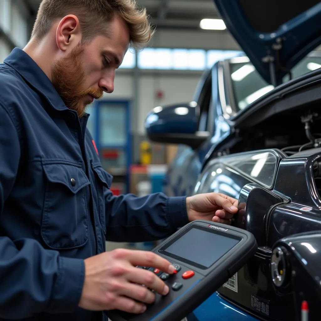 Mécanicien utilisant l'outil de diagnostic Autel