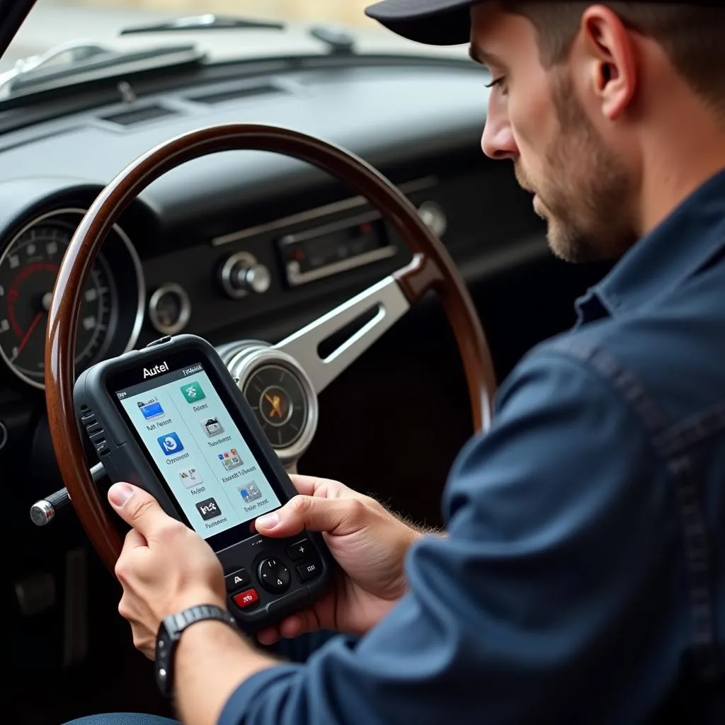 Mécanicien utilisant l'outil de diagnostic Autel sur une voiture ancienne