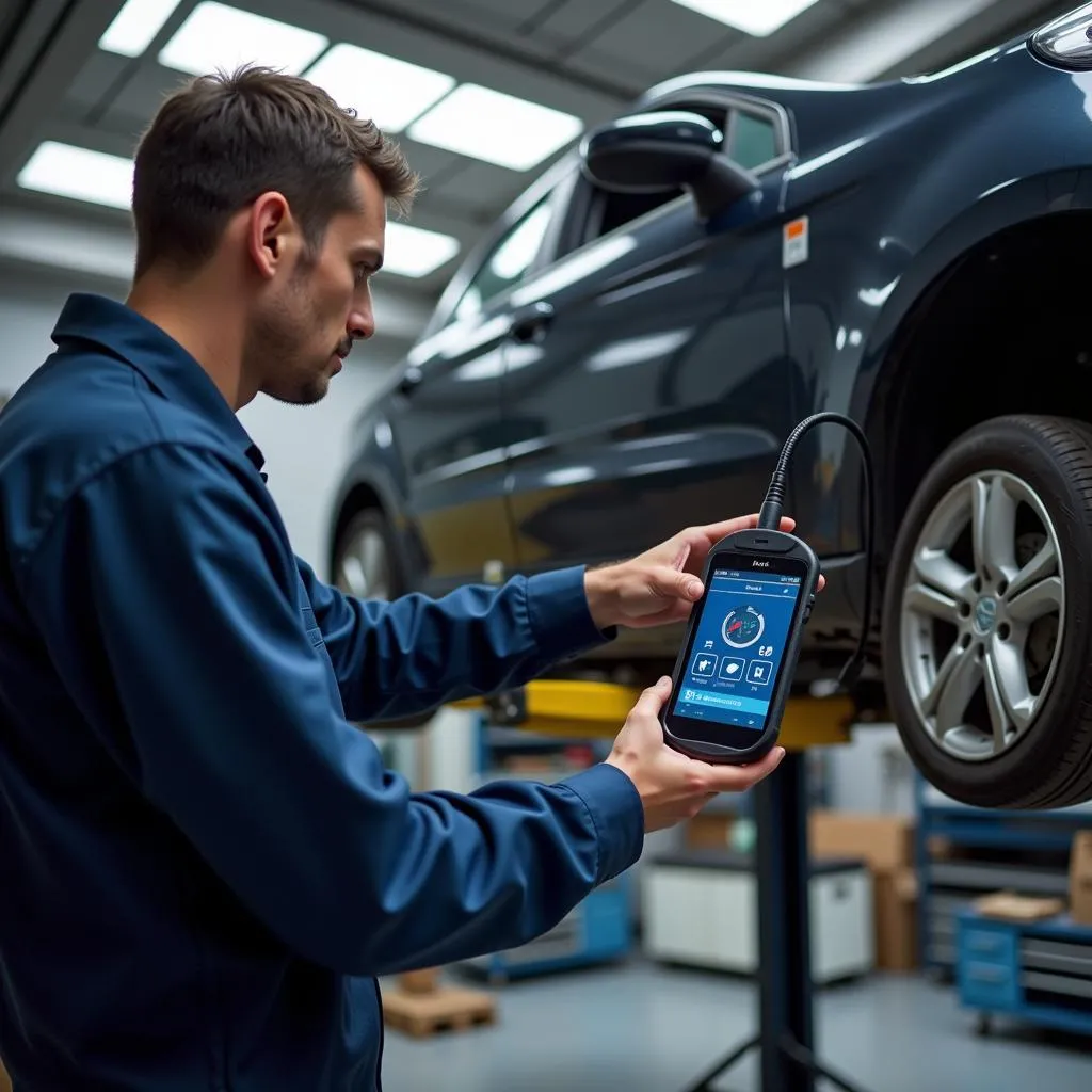 Un mécanicien utilisant un outil de diagnostic OBD pour vérifier les ampoules d'une voiture