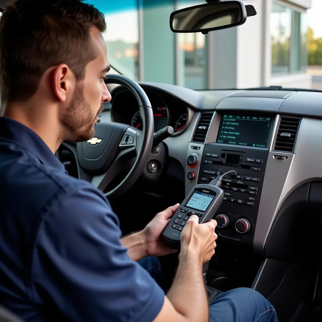 Mécanicien utilisant un outil de diagnostic OBD sur une Chevrolet Malibu