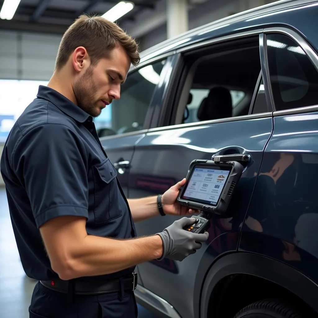 Mécanicien utilisant un outil de diagnostic sur une voiture moderne