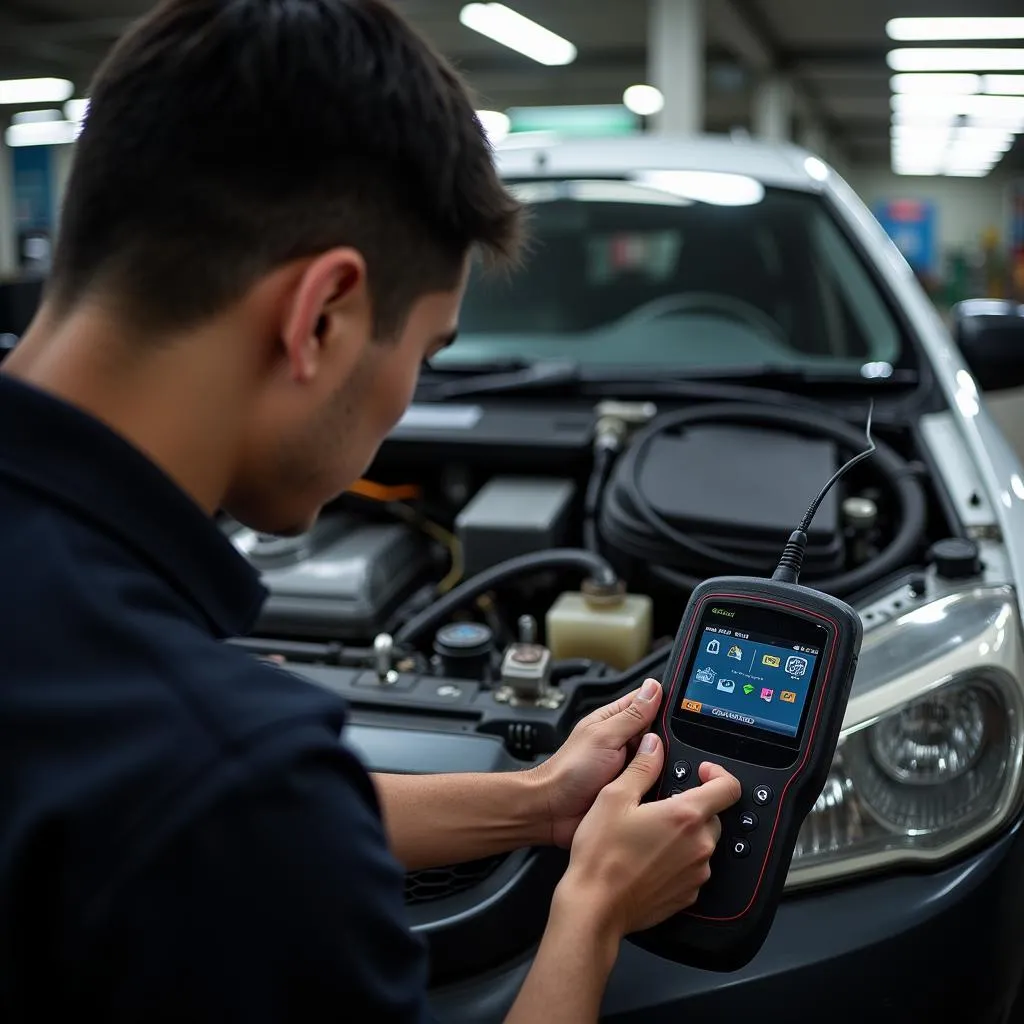 Un mécanicien utilisant un outil OBD pour diagnostiquer un problème de voiture au Myanmar