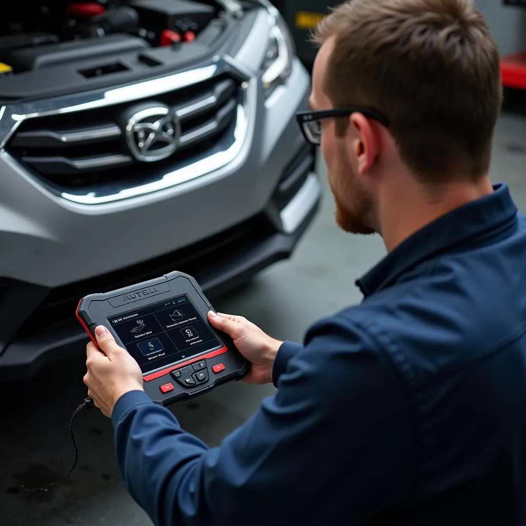 Mécanicien utilisant un scanner Autel dans un garage