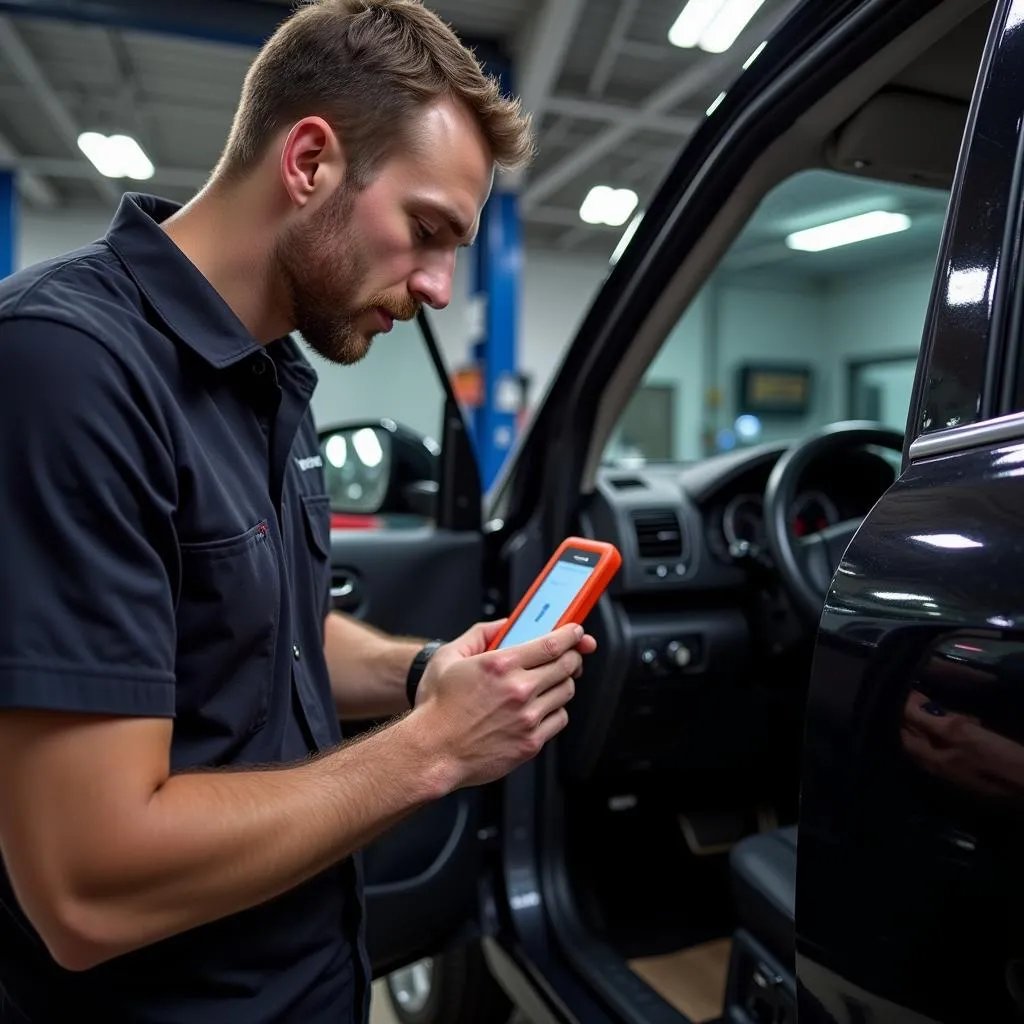 Mécanicien Utilisant Scanner OBD-II Intelligent Garage