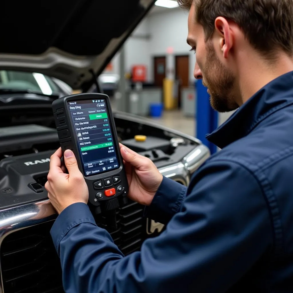 Mécanicien utilisant un scanner OBD sur une Dodge Ram