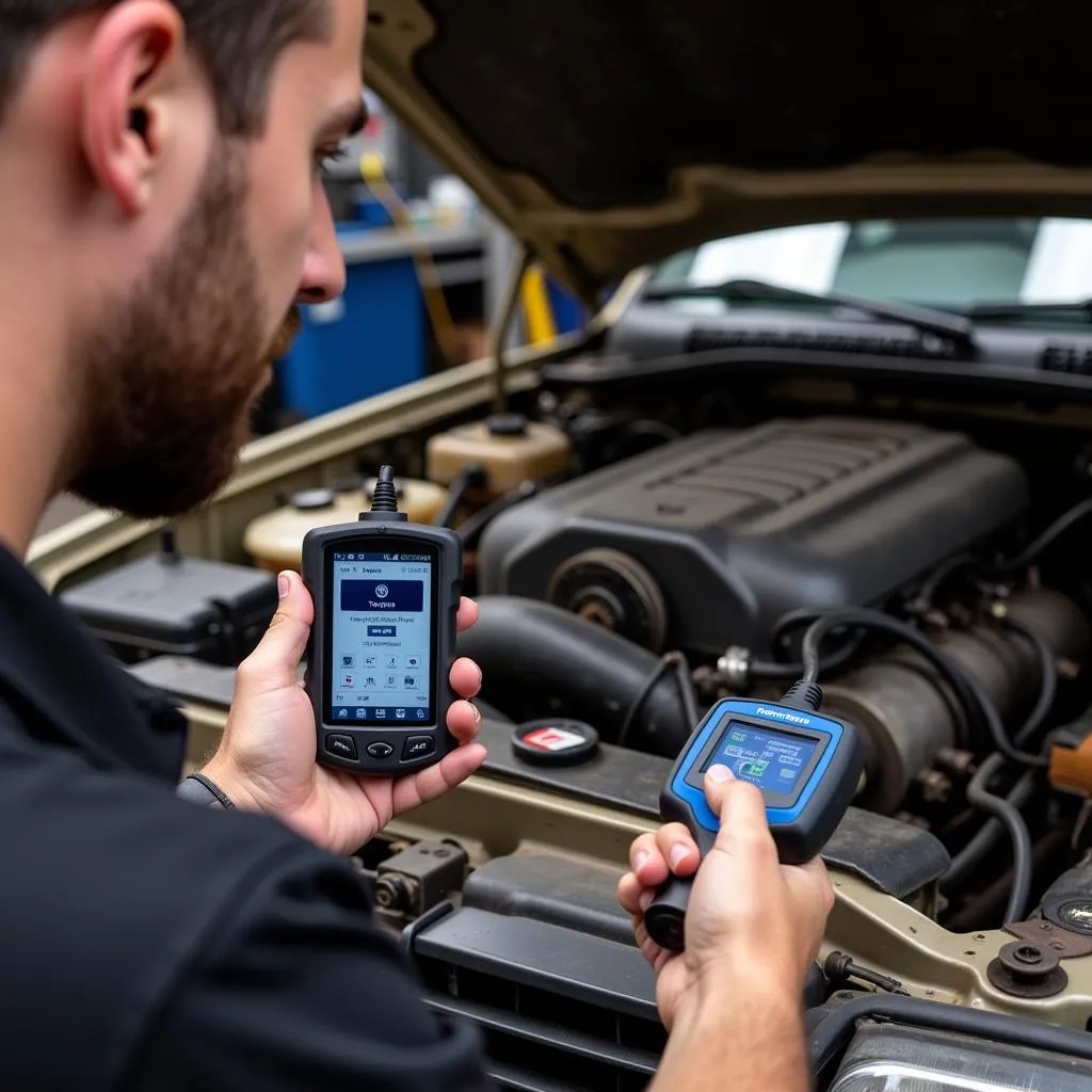 Mécanicien utilisant un Scanner OBD2 sur une Toyota Tacoma pour Diagnostiquer un Problème de Moteur