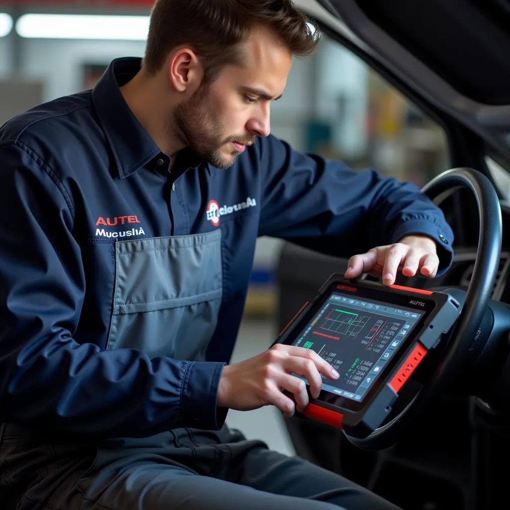 Mécanicien Utilisant une Tablette Autel pour le Diagnostic