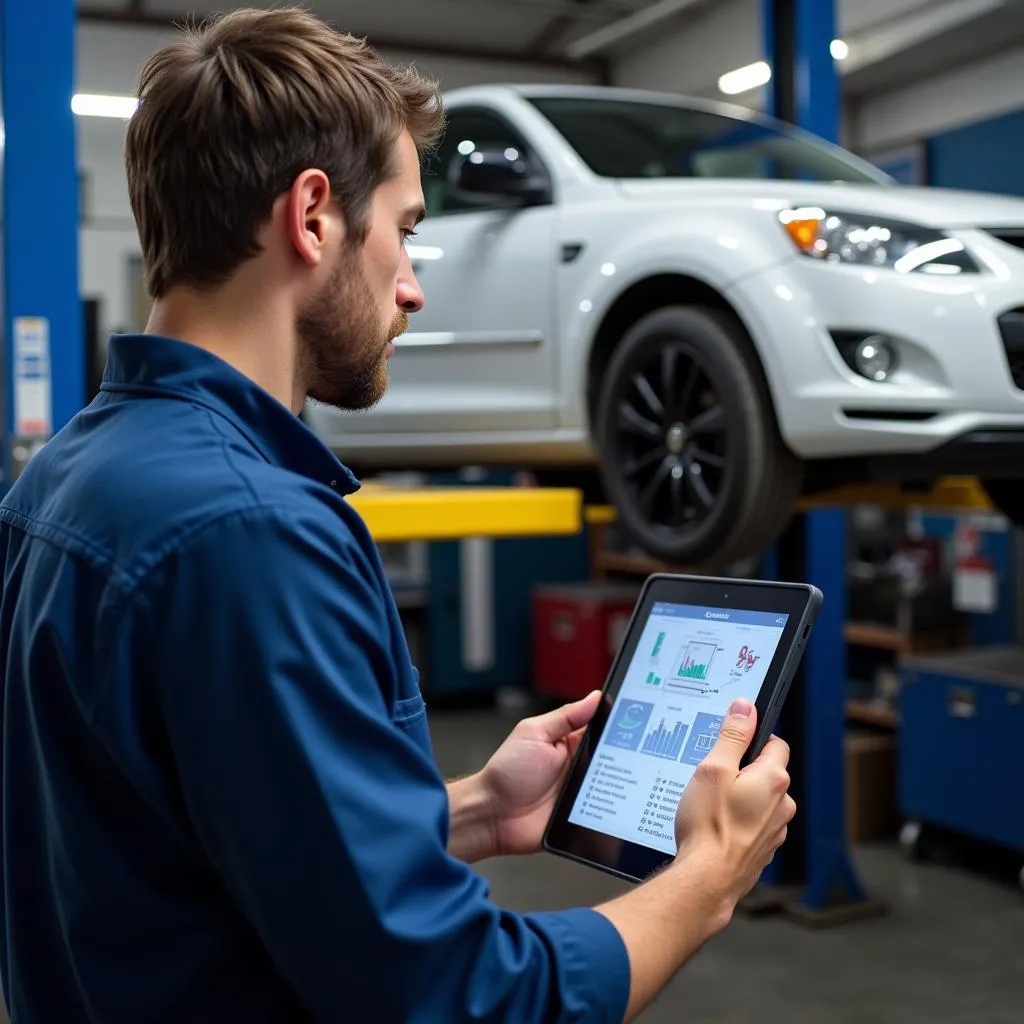 Mécanicien utilisant une tablette pour diagnostiquer une voiture à Saint-Laurent-des-Autels