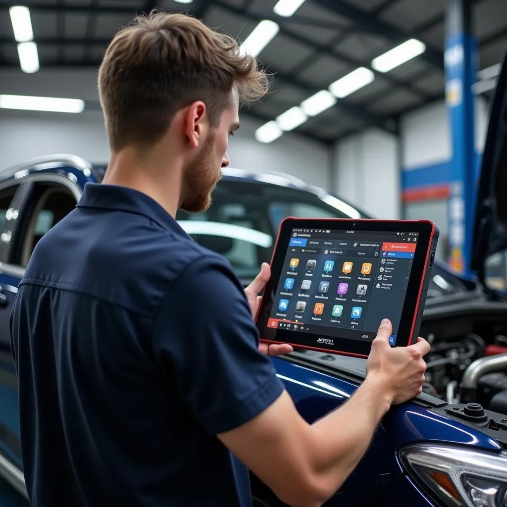 Mécanicien utilisant une tablette MaxiSys d'Autel pour diagnostiquer une voiture