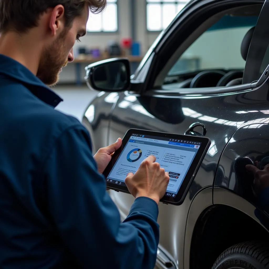 Mécanicien utilisant une tablette pour diagnostiquer une voiture