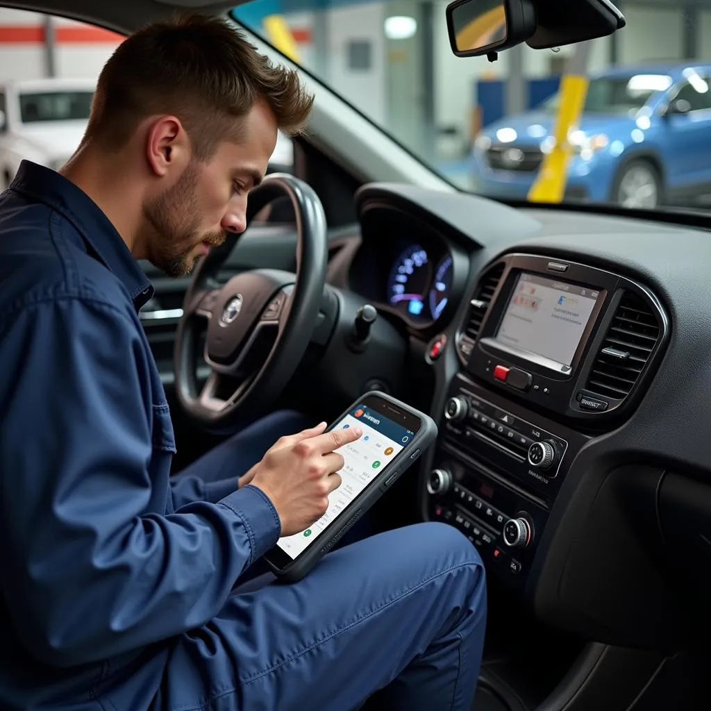 Mécanicien utilisant un scanner Autel sur une voiture européenne