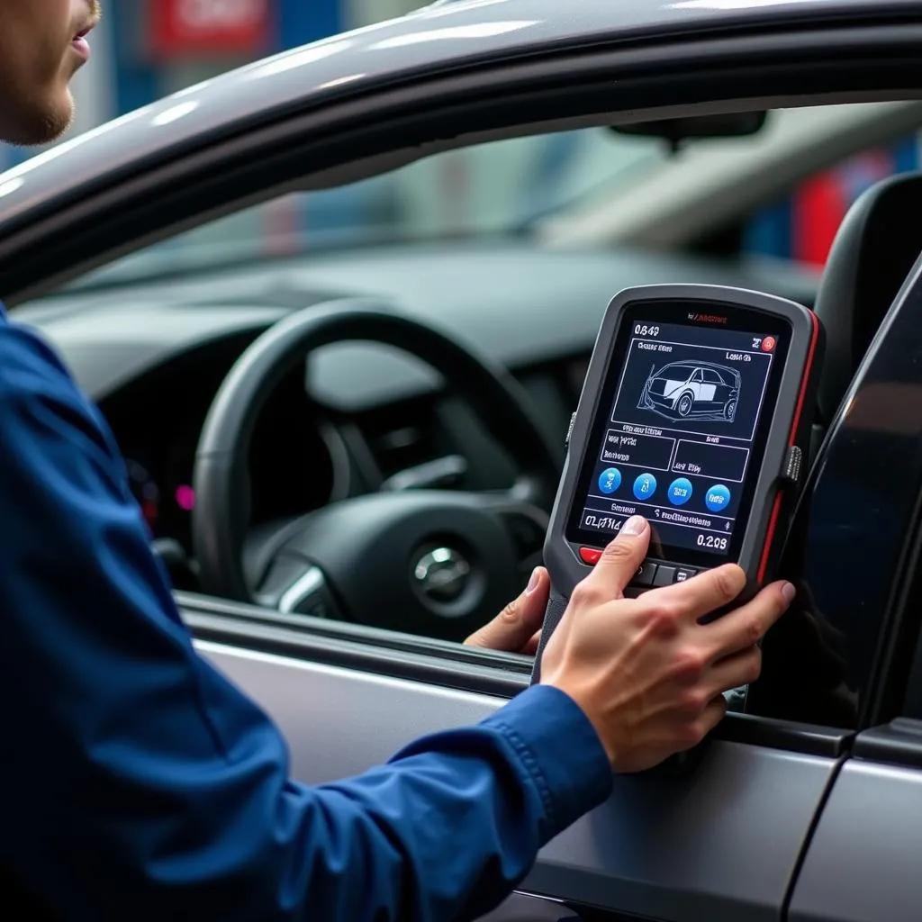 Mécanicien Utilisant un Scanner OBD Professionnel pour Diagnostiquer une Voiture