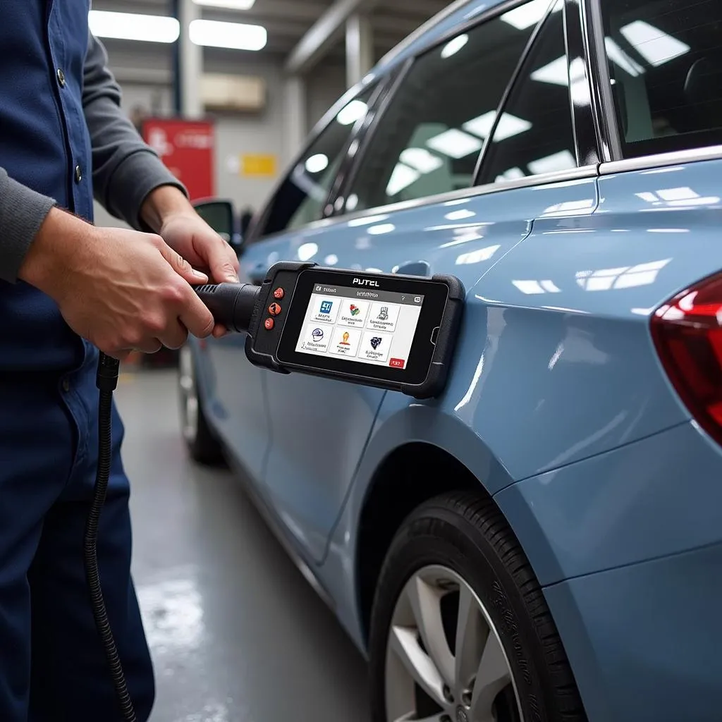 Mécanicien utilisant une valise Autel sur une voiture européenne