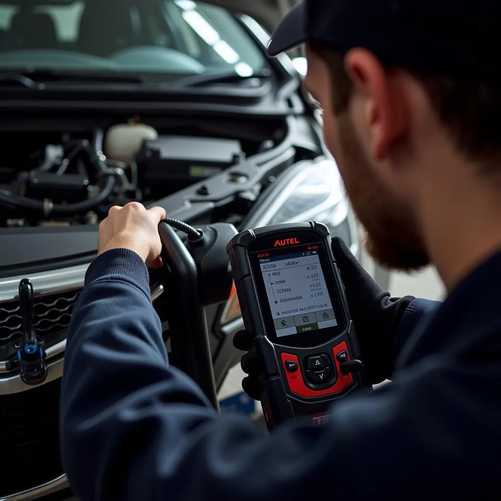 Mécanicien utilisant une valise de diagnostic Autel sur une voiture