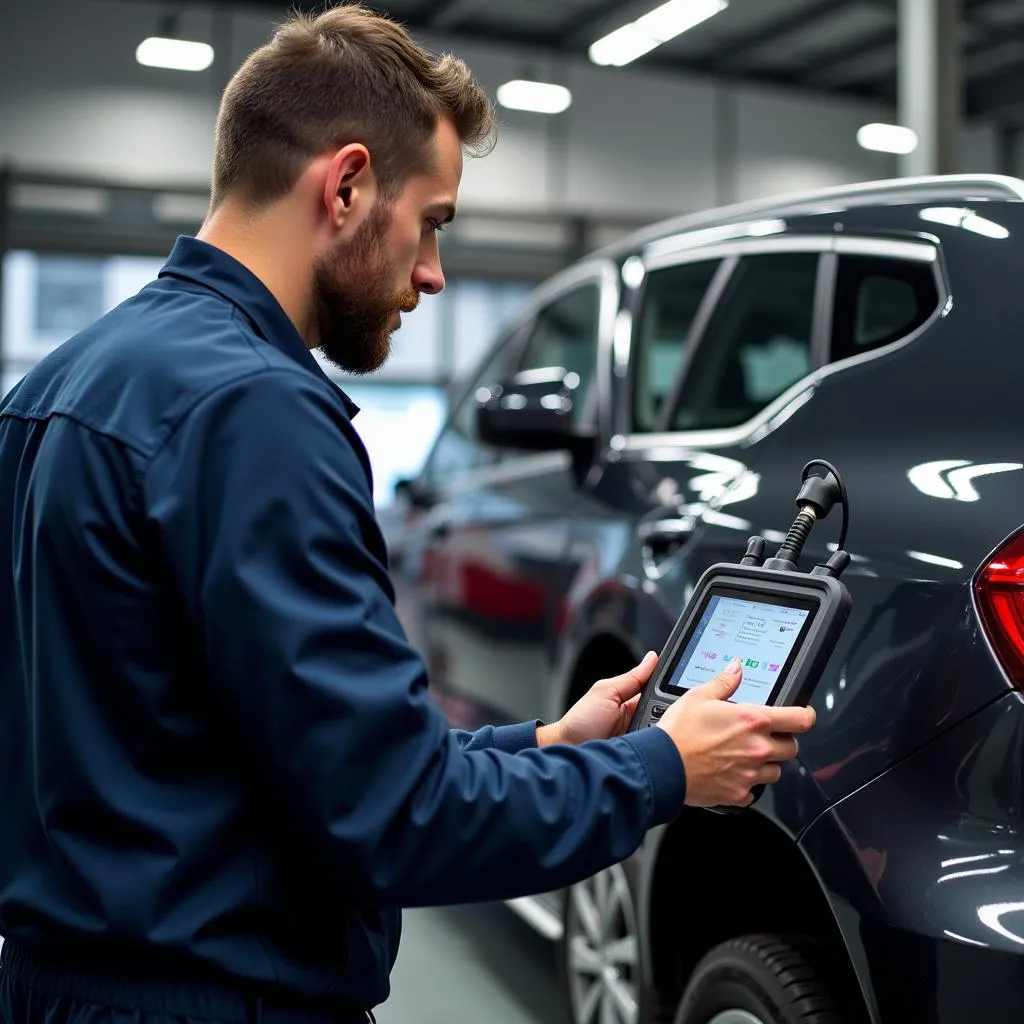 Mécanicien utilisant une valise de diagnostic Autel