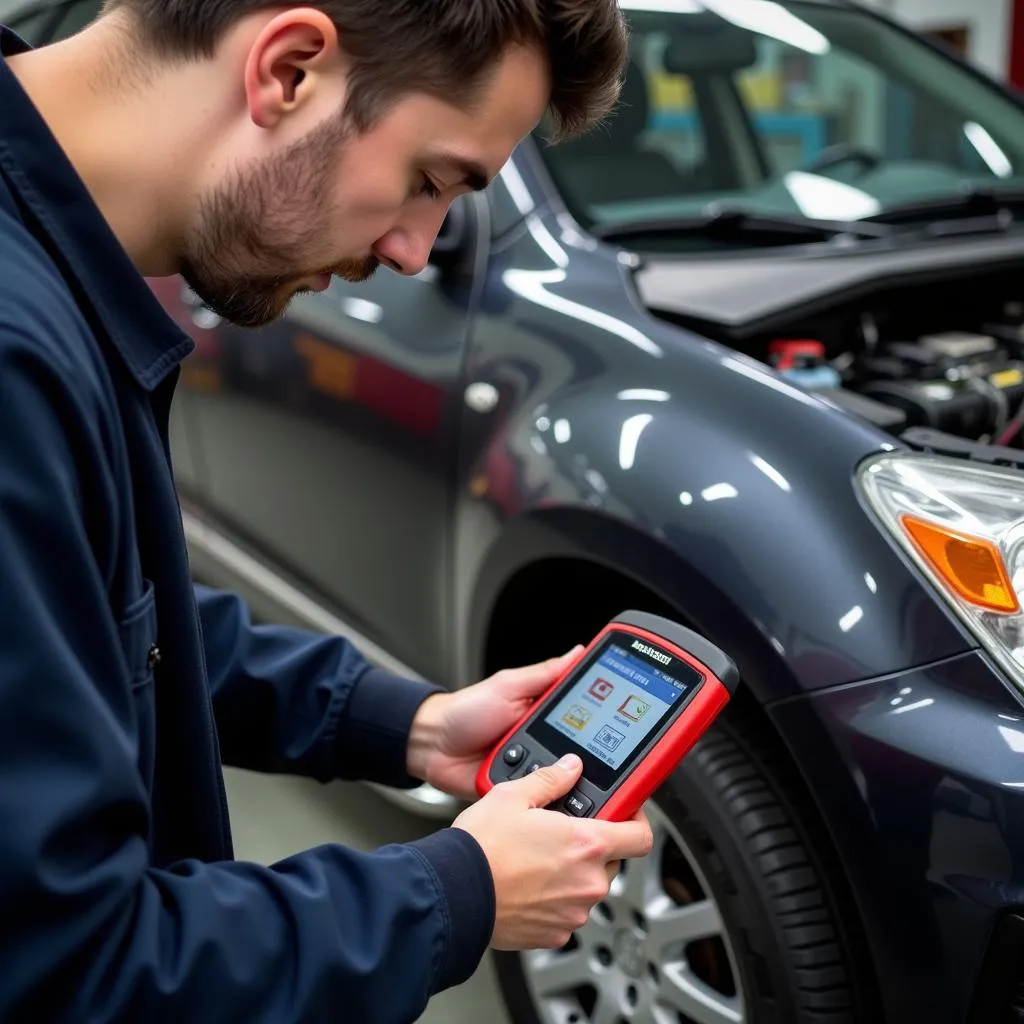 Mécanicien utilisant une valise de diagnostic Autel