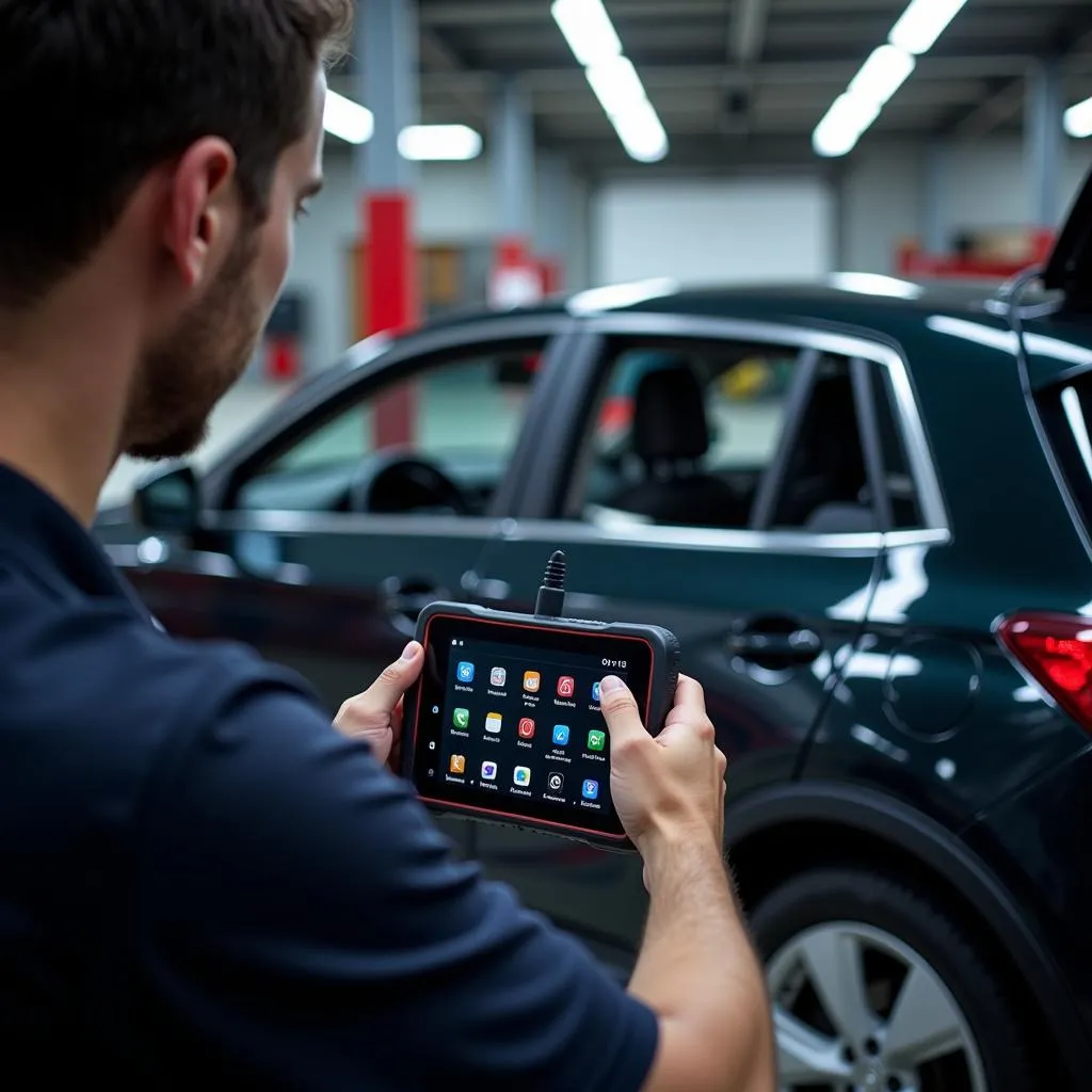 Mécanicien utilisant l'Autel 908 pour diagnostiquer une voiture