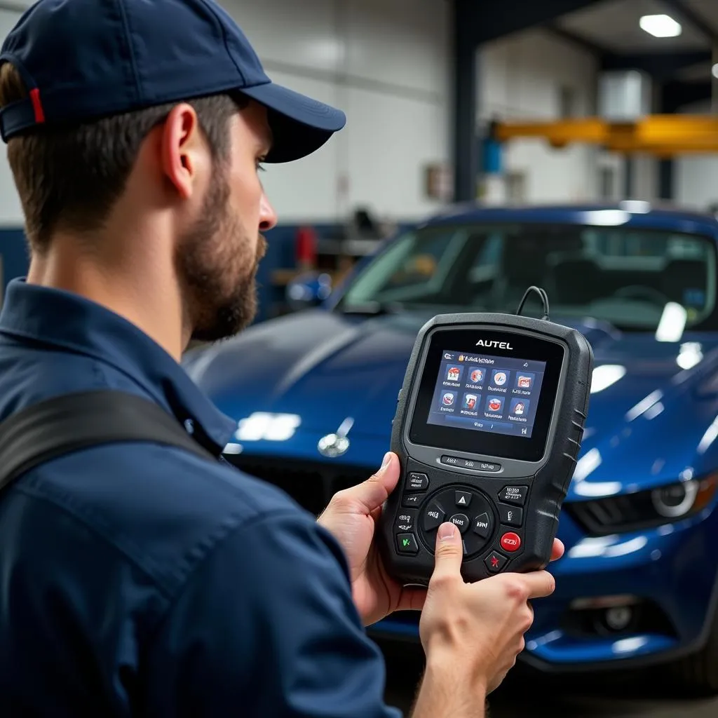 Mécanicien utilisant un outil de diagnostic Autel dans un atelier