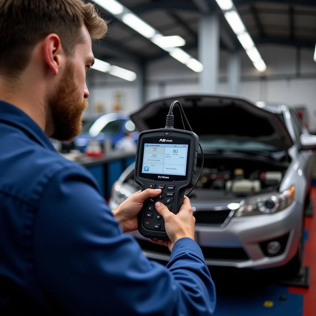 Mécanicien utilisant un outil de diagnostic Autel dans un garage