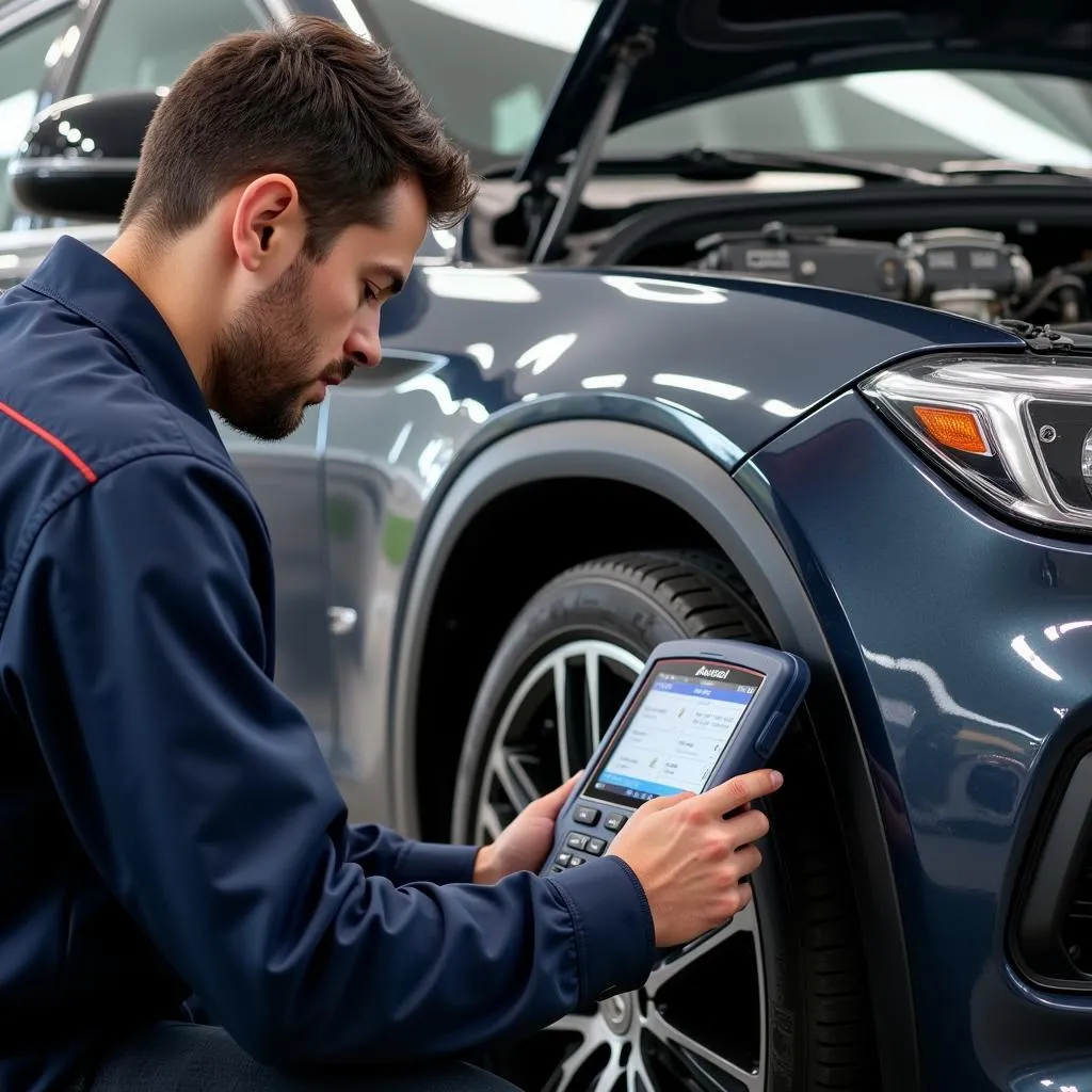 Mécanicien utilisant un outil de diagnostic Autel sur une voiture européenne