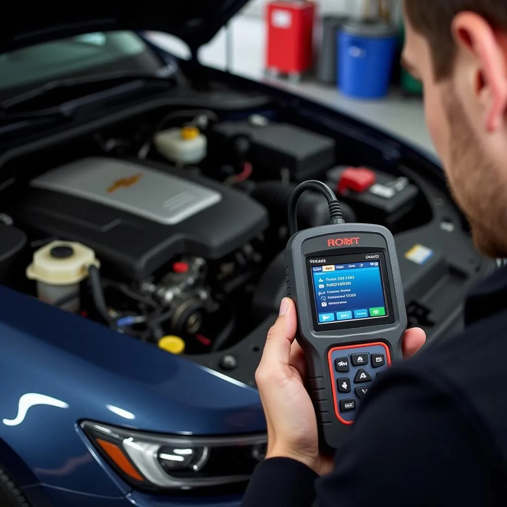 Mécanicien utilisant un outil de diagnostic sur une Chevrolet