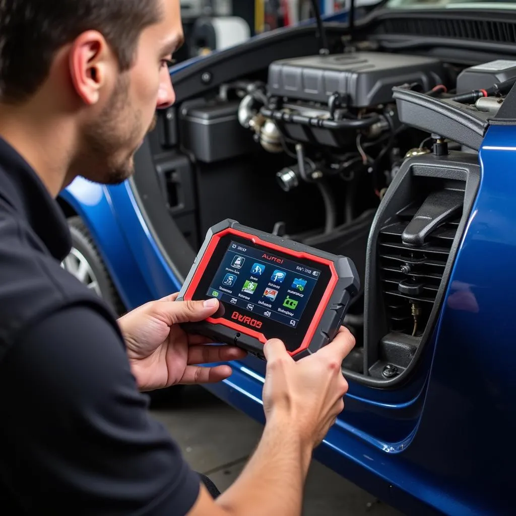 Mécanicien utilisant l'Autel MD802 pour diagnostiquer une voiture