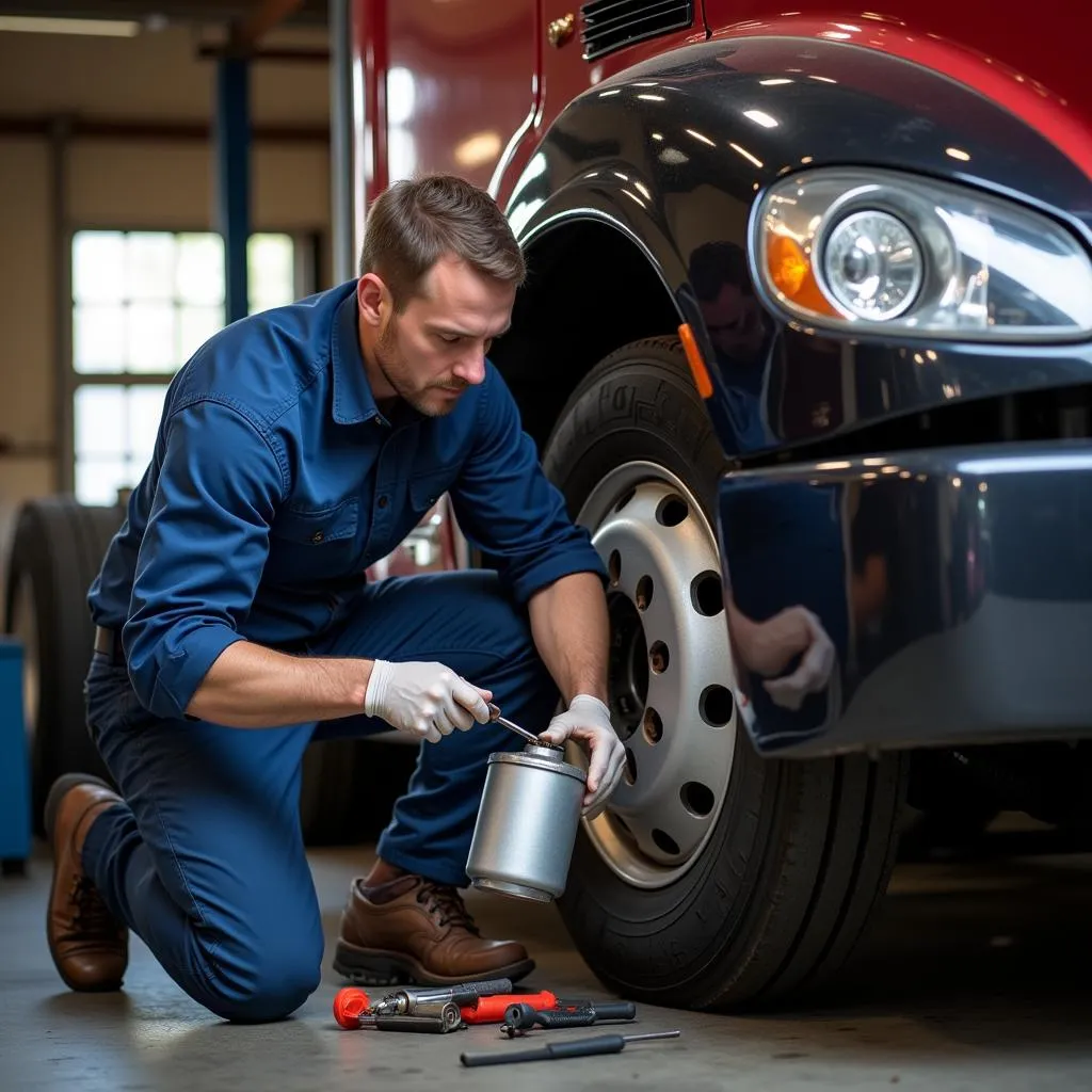 Mécanicien inspectant le filtre à carburant d'un camion Freightliner