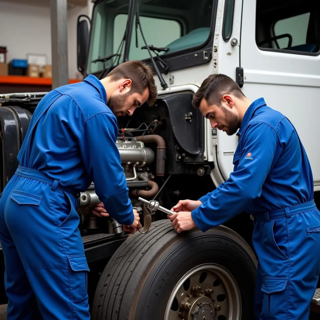 Mécaniciens poids lourds travaillant ensemble sur un camion dans un atelier