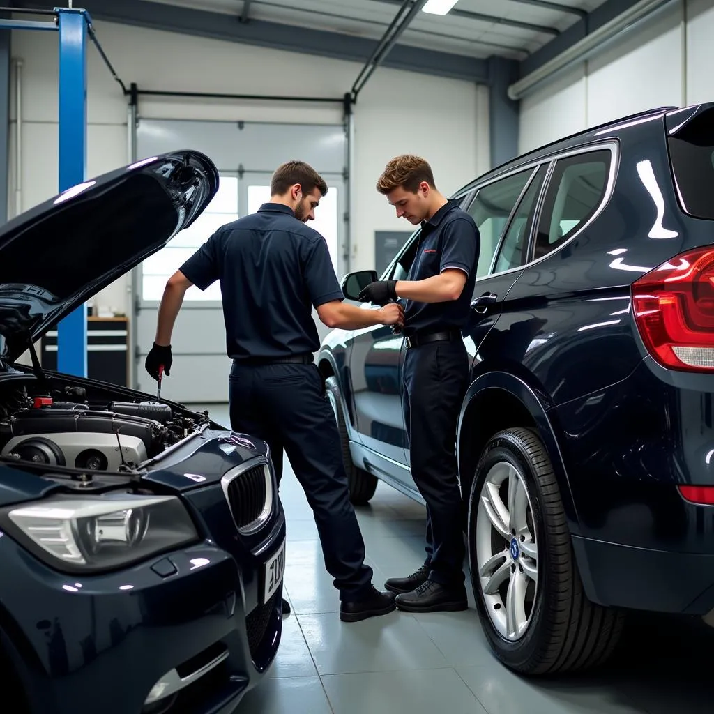 Mécaniciens travaillant sur une voiture européenne