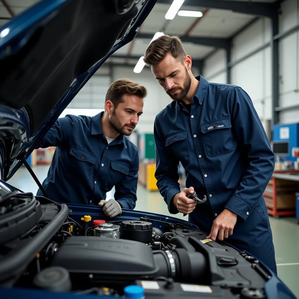 Mécaniciens travaillant sur une voiture dans un garage